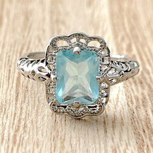 Radiant Cut Aquamarine Art Deco Filigree Ring - 925 Sterling Silver